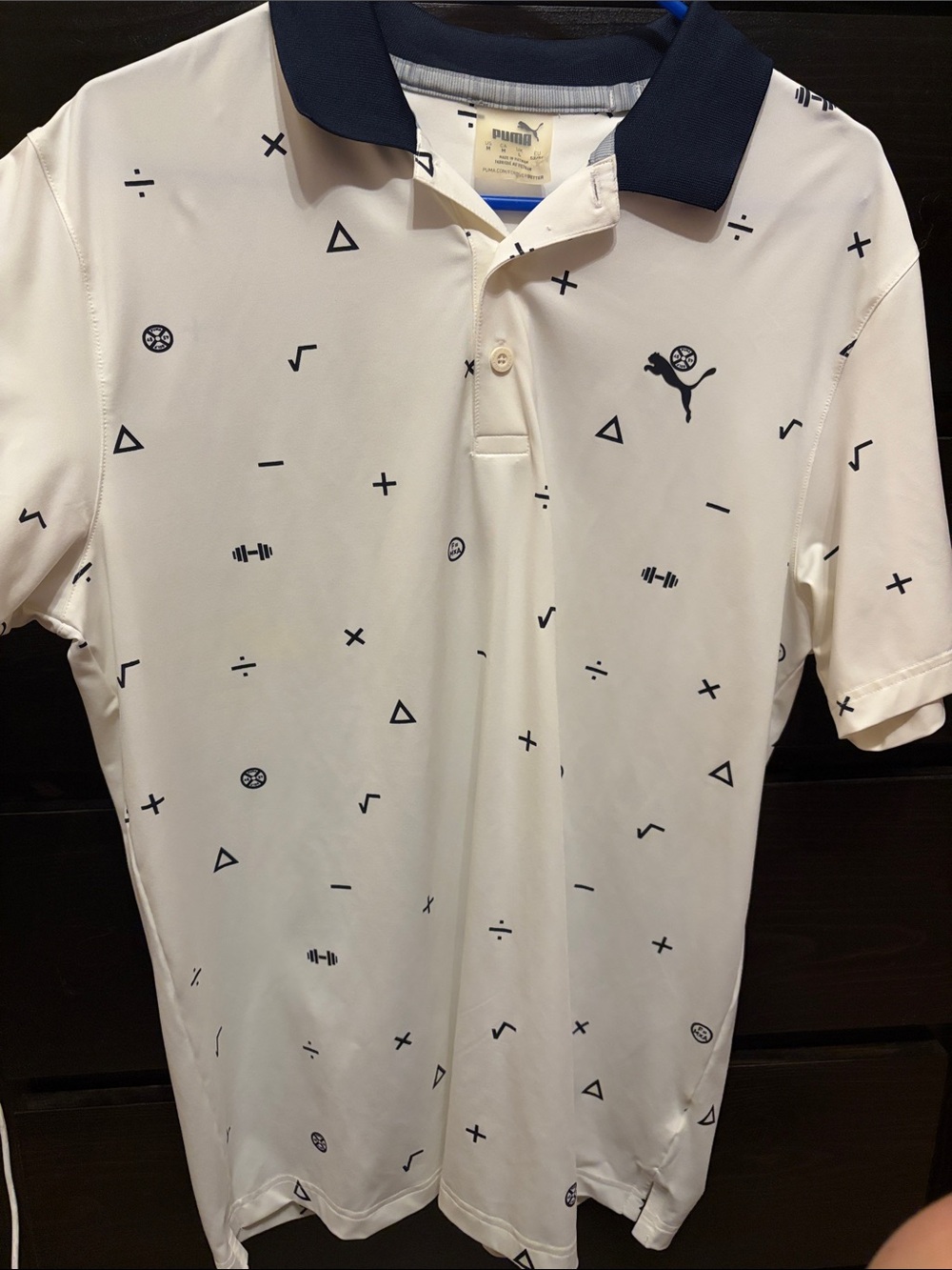 Puma White Polo with Navy Geometric Print and Navy Collar Medium